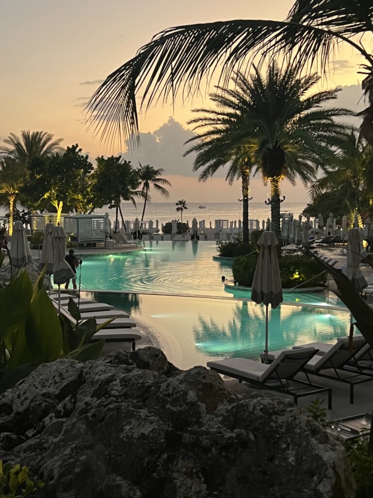 Hotel pool with palm trees at sunset