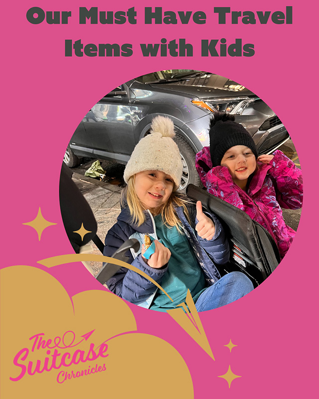 Kids in winter clothes with the text "Our Must Have Travel Items with Kids"