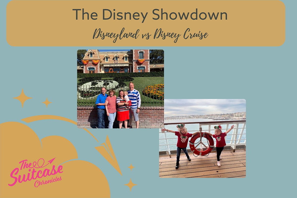 "The Disney Showdown: Disneyland vs. Disney Cruise" with photos of kids doing both