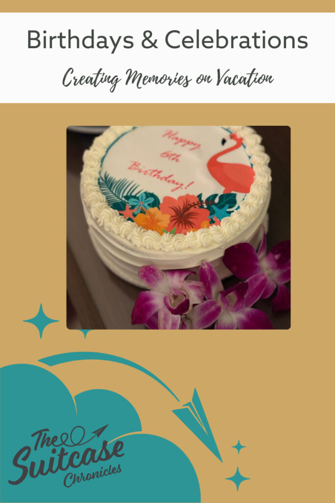 A birthday cake with the text Birthdays & Celebrations: Creating Memories on Vacation