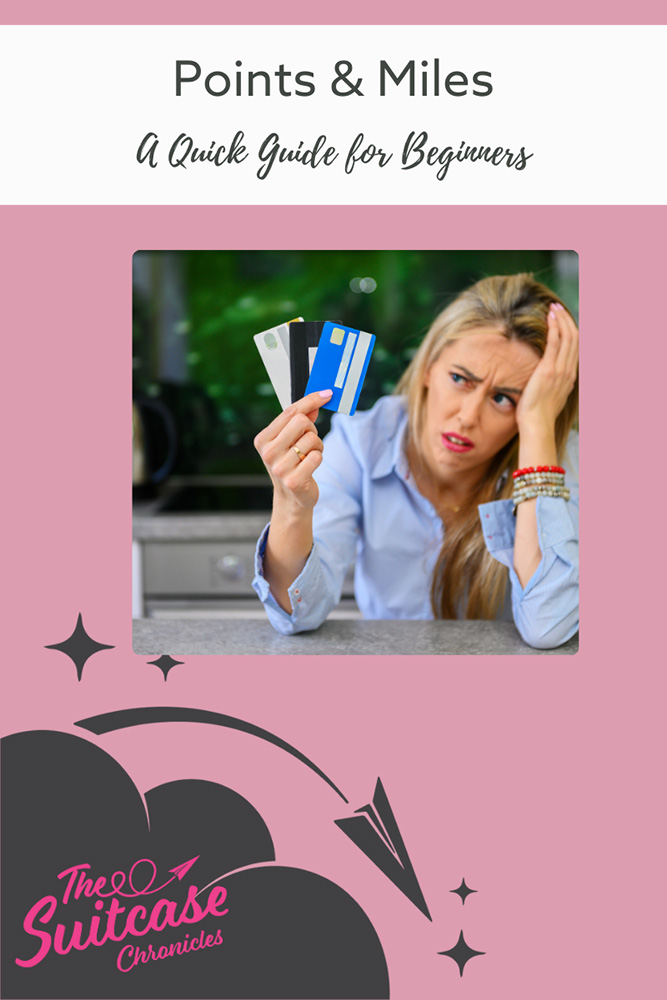 A frustrated woman holding credit cards with the text "Points and Miles: a Quick Guide for Beginners"