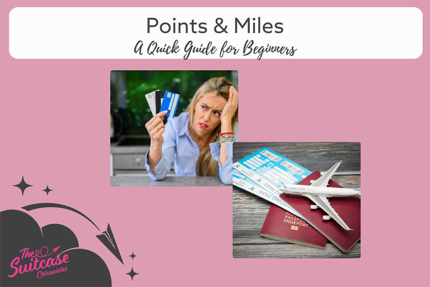 A frustrated woman holding credit cards with the text "Points and Miles: a Quick Guide for Beginners"