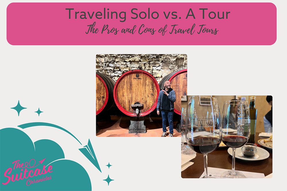 A man on a wine tour with the text "Traveling Solo vs. A Tour"