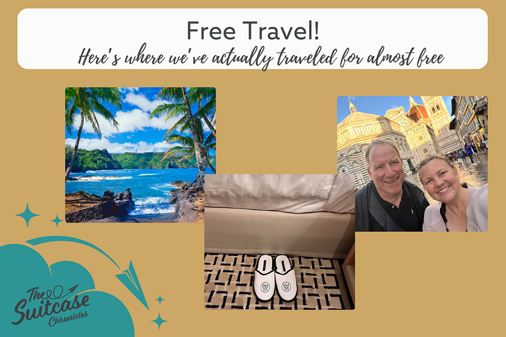 Photos of a beach and a couple in Europe with the text, "Free Travel!"