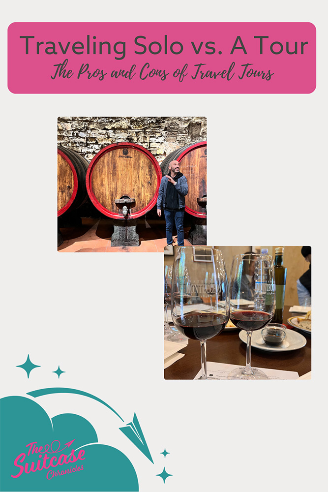 A man on a wine tour with the text "Traveling Solo vs. A Tour"